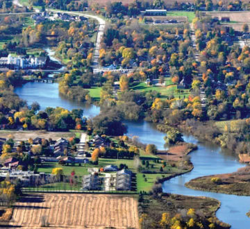 Autumn aerial view of Mitchell a small community in Perth County, Ontario, Canada